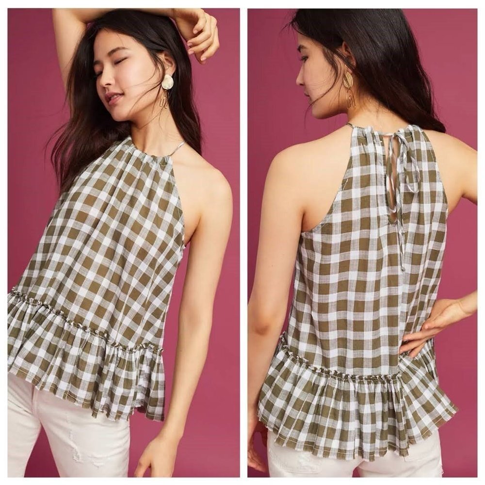 Anthropologie Cloth & Stone Green Gingham Halter